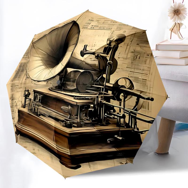 1pc Gramophone Automatic Open/close Umbrella, 8-Rib Sturdy Structure, Portable Travel Umbrella, Parties, Everyday Usel031