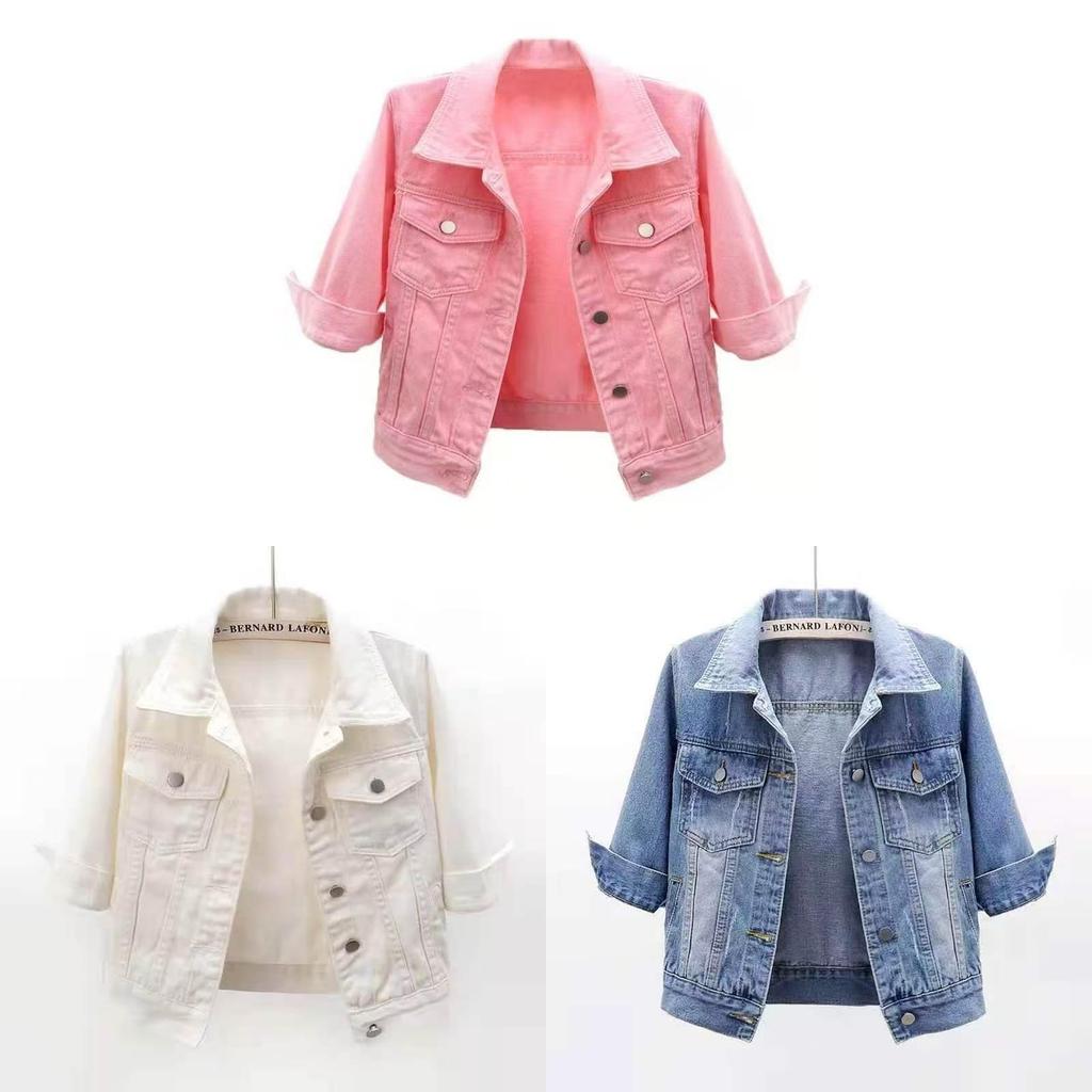 Giacca di Jeans da Donna Primavera Manica Corta Polo Casual per l'Uso Quotidiano