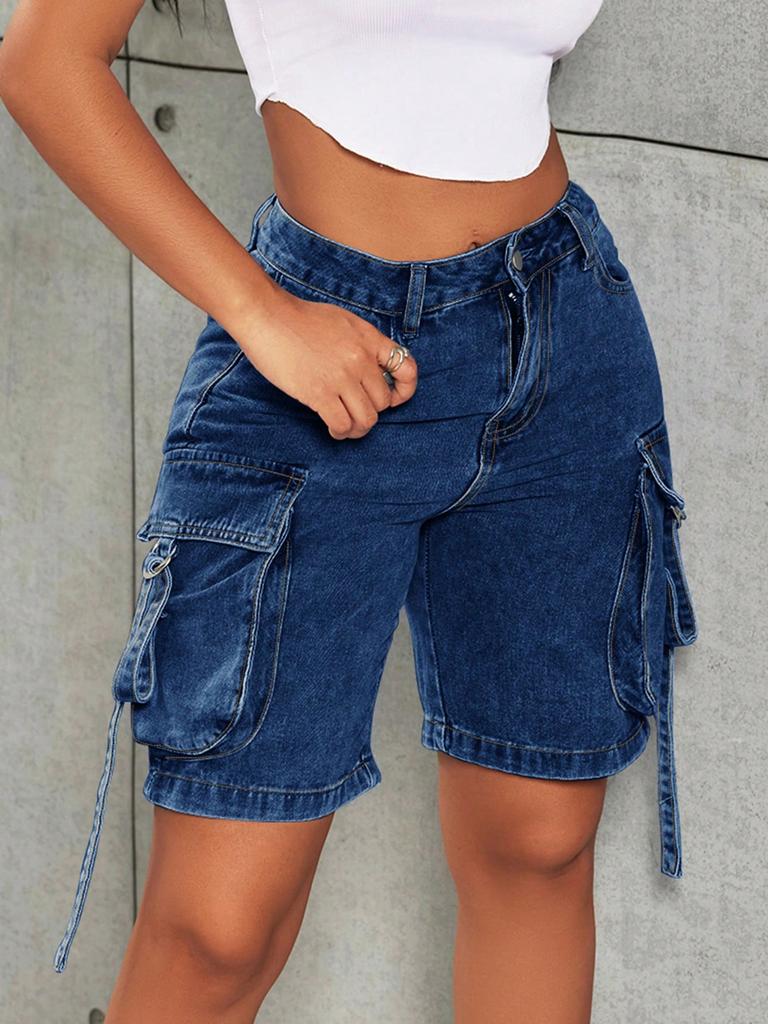 Rose Beauty A Y2K Street High Waist Flap Pocket Tape Detail Work Cargo Denim Bermuda Wide Leg Jean Shorts Summer Comfy Trendy Jorts