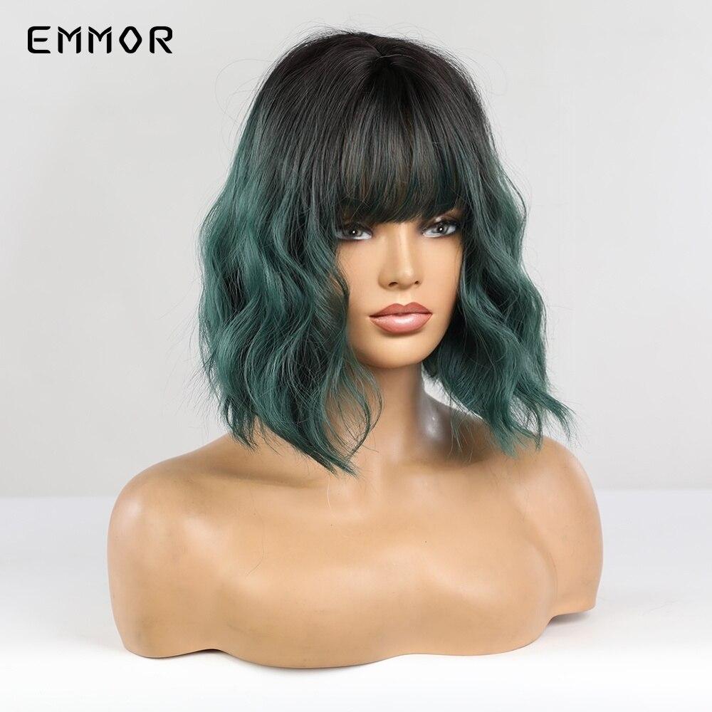 Cosplay Lolita HairTypeWigs Short Wavy Ombre Balck To Green Bob Hair TypeWig with Bangs for Women Soft Heat Resistant