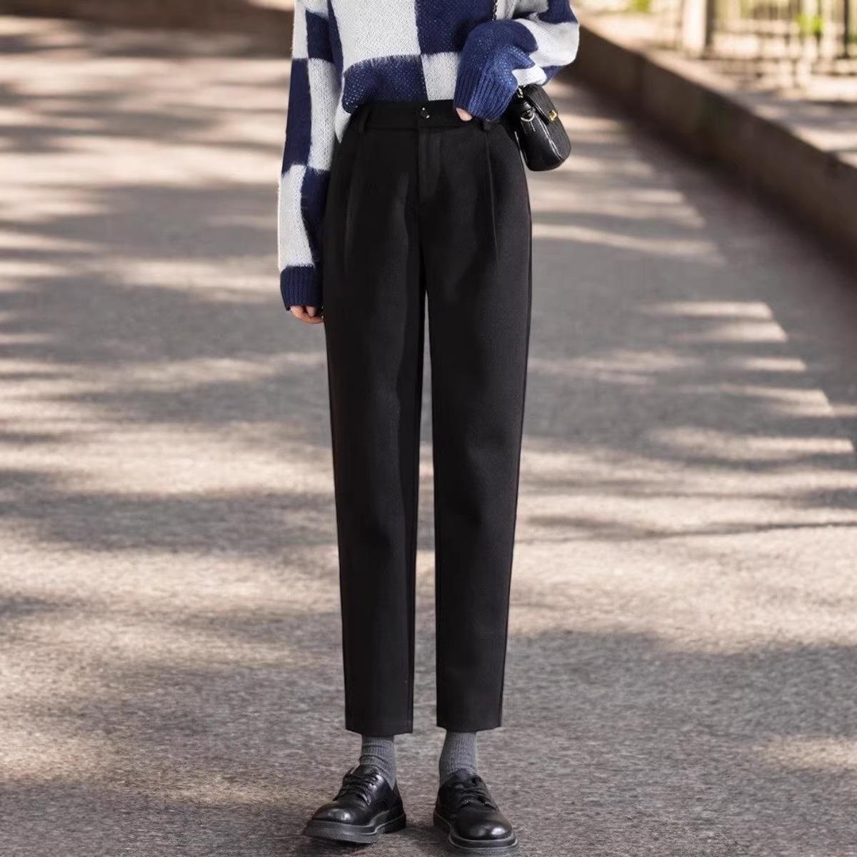 

Women s Wool Blend High Waist Cropped Harem Pants, Autumn/Winter, Thickened, Petite Fit, Slimming, Straight Leg, Commuting Suit Style. 2XL