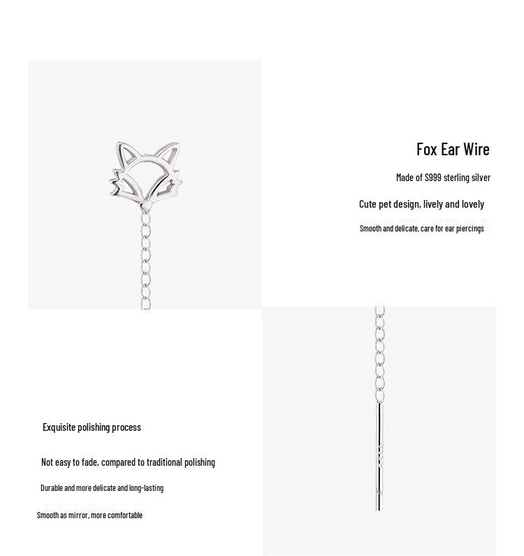 999 Sterling Silver Fox Ear Thread High-End Tassel Dangle Earrings for Women