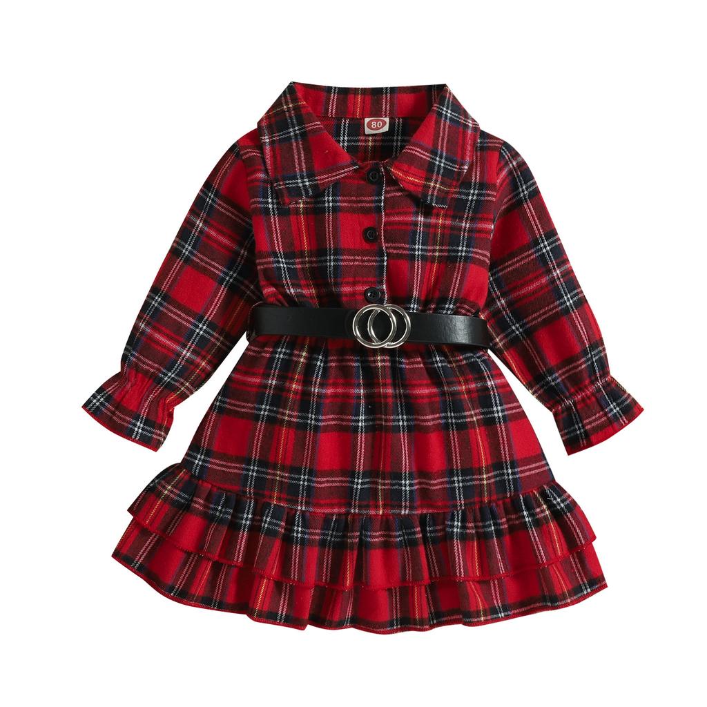 Children Clothing Girls Christmas Plaid Skirt Lapel Ruffled Long Sleeve Belt Children's Jacket Dress