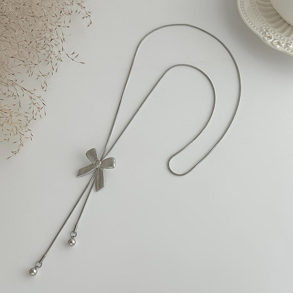 Luxury Ins Bow Plain Chain Necklace, Adjustable Minimalist Thin Snake Bone Chain Sweater Necklace