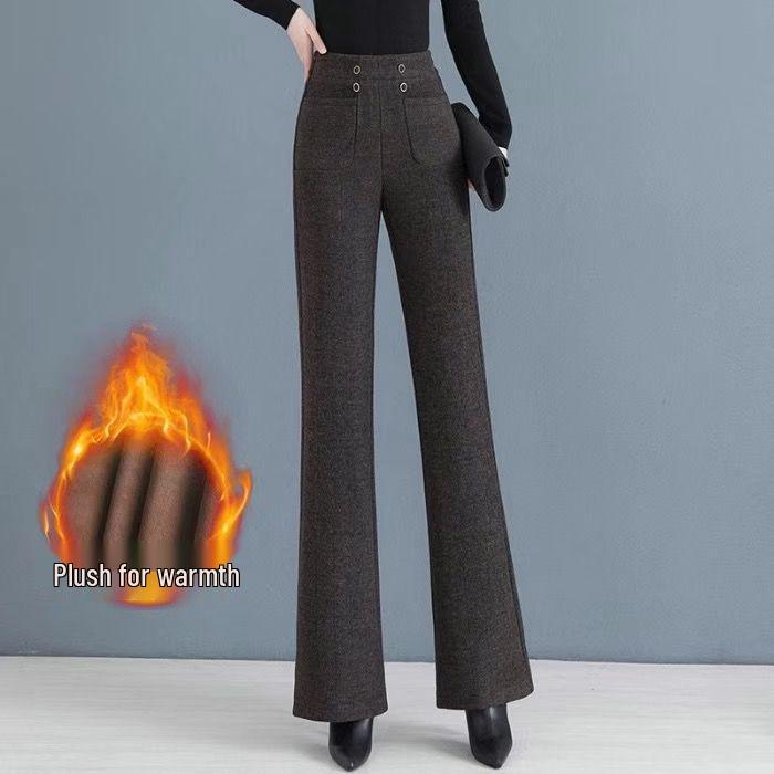 

Женские шерстяные брюки клеш с высокой посадкой - Осенне-зимняя мода, на флисовой подкладке, стройнящие, брюки широкие от бедра XXXL