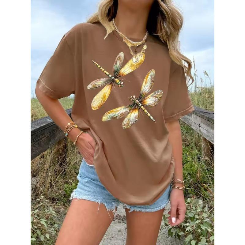 

Летняя женская футболка больших размеров, модный оригинальный дизайн с принтом в виде стрекозы, 3D, женский повседневный топ с коротким рукавом и круглым вырезом XS