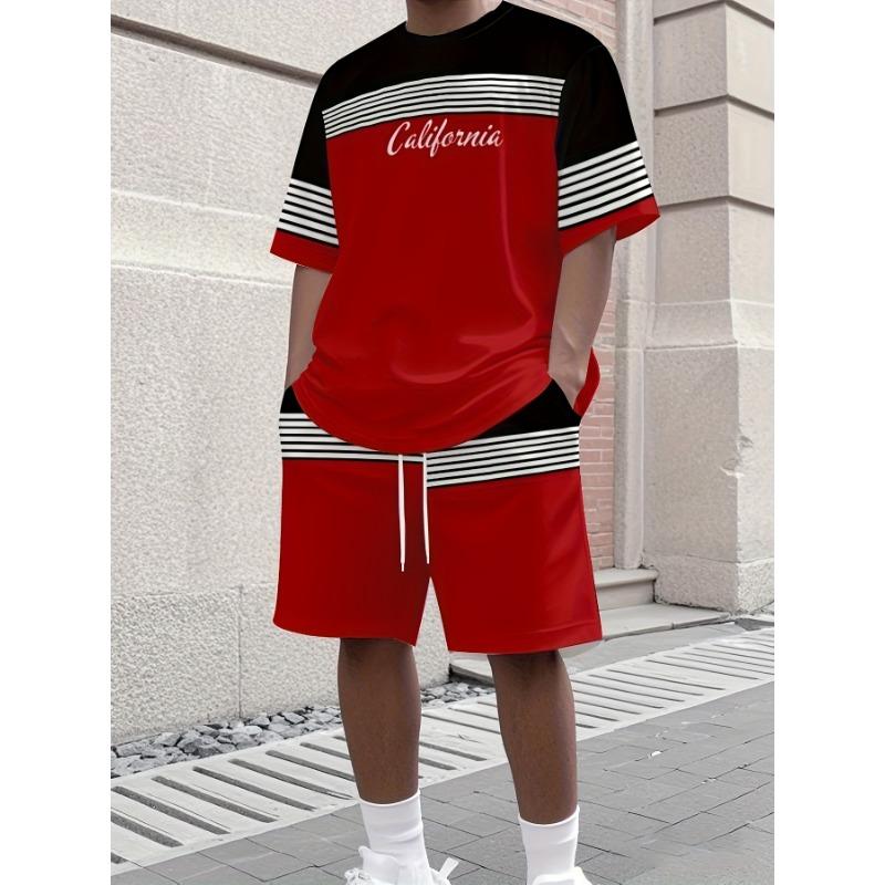Men's Summer Breathable and Comfortable Round Neck T-shirt Top Shorts Set with Striped Pattern Print Outdoor Two-piece Set