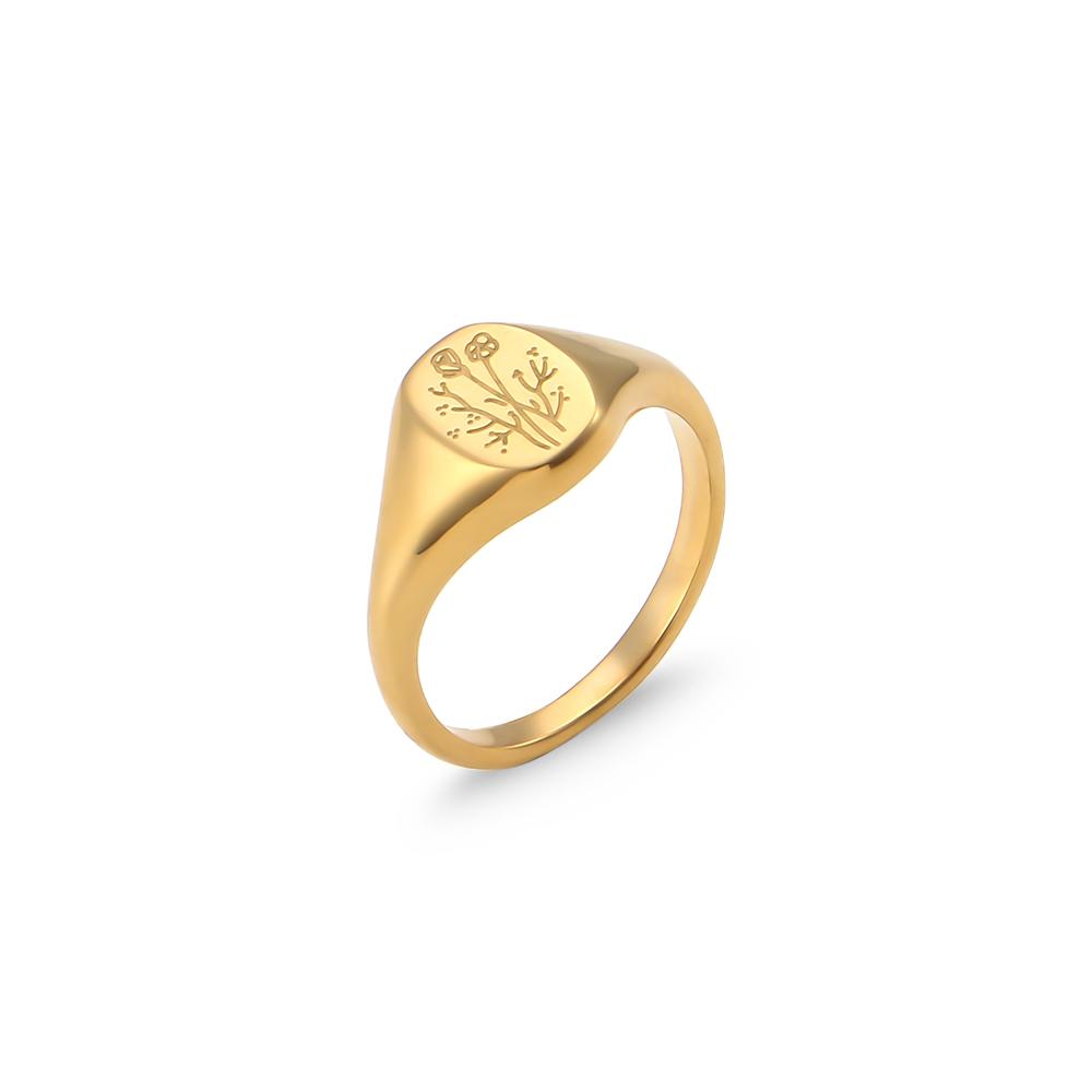 E.B.belle Tarnish Free Stainless Steel 18k Gold Plated Engraving Wildflower Tea Leaf Lavender Sunflower Signet Rings for Women 6