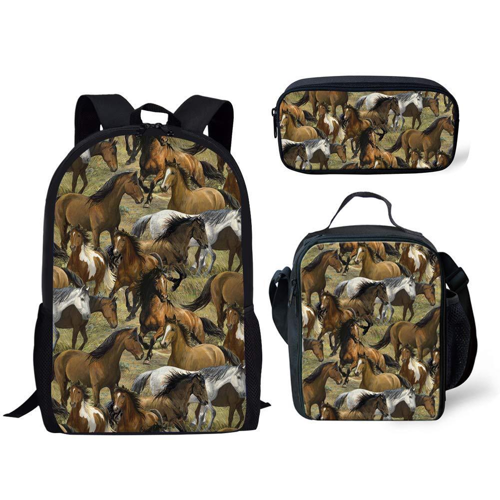 Classic Popular Funny Broken Flower Horse 3D Print 3pcs/Set Pupil School Bags Laptop Daypack Backpack Lunch Bag Pencil Case