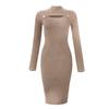 Women's Autumn And Winter Sexy Solid Color Long Sleeve Tight Button Hollow Pullover Knit Sweater Dress