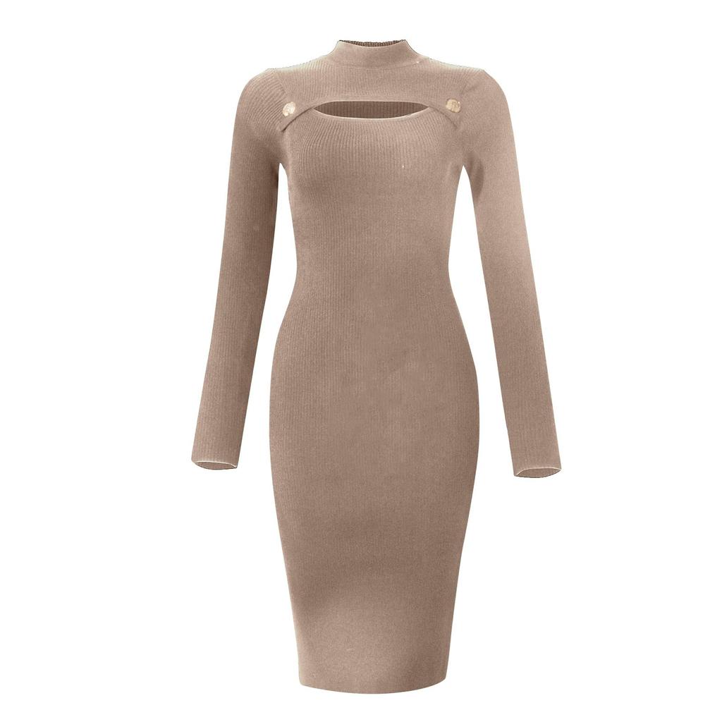 Women's Autumn And Winter Sexy Solid Color Long Sleeve Tight Button Hollow Pullover Knit Sweater Dress