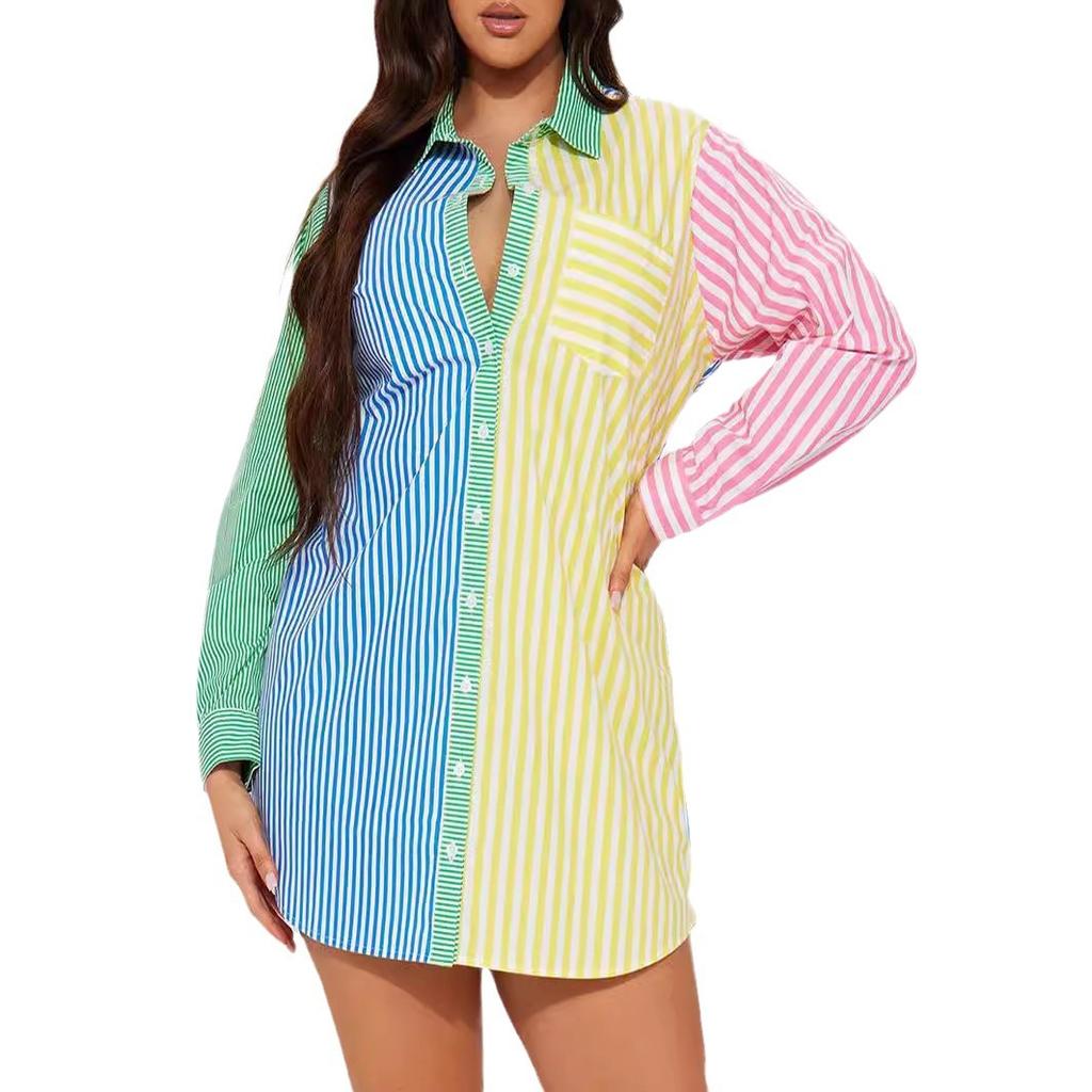 European and American women's clothing women's striped color matching long-sleeved casual shirt dress