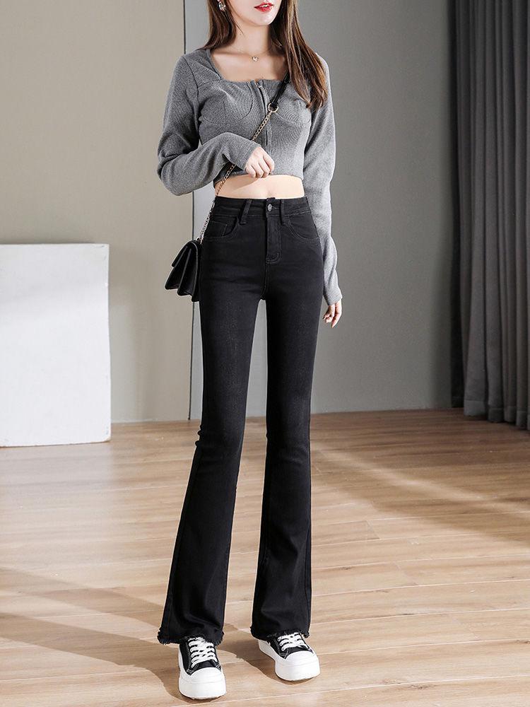 2024 Women's High-Waisted Black Micro-Flare Jeans - Slimming, Petite, Elastic Bell Bottoms with Raw Hem