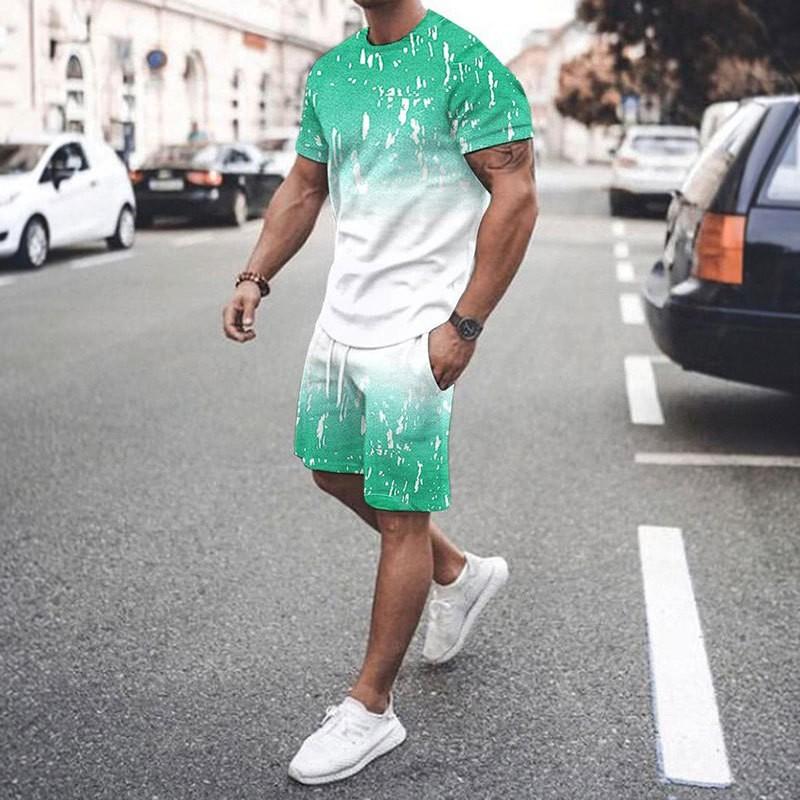 Summer Casual Men's Adult Set 3D Printed Pattern Men's Short-Sleeved T-shirt Set Gradient Cool Casual Sports Shorts two-Piece
