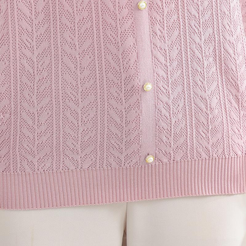 Summer 2025 Ice Silk Knit Doll Collar Cardigan - Women's Short Sleeve Top for Middle-Aged & Elderly