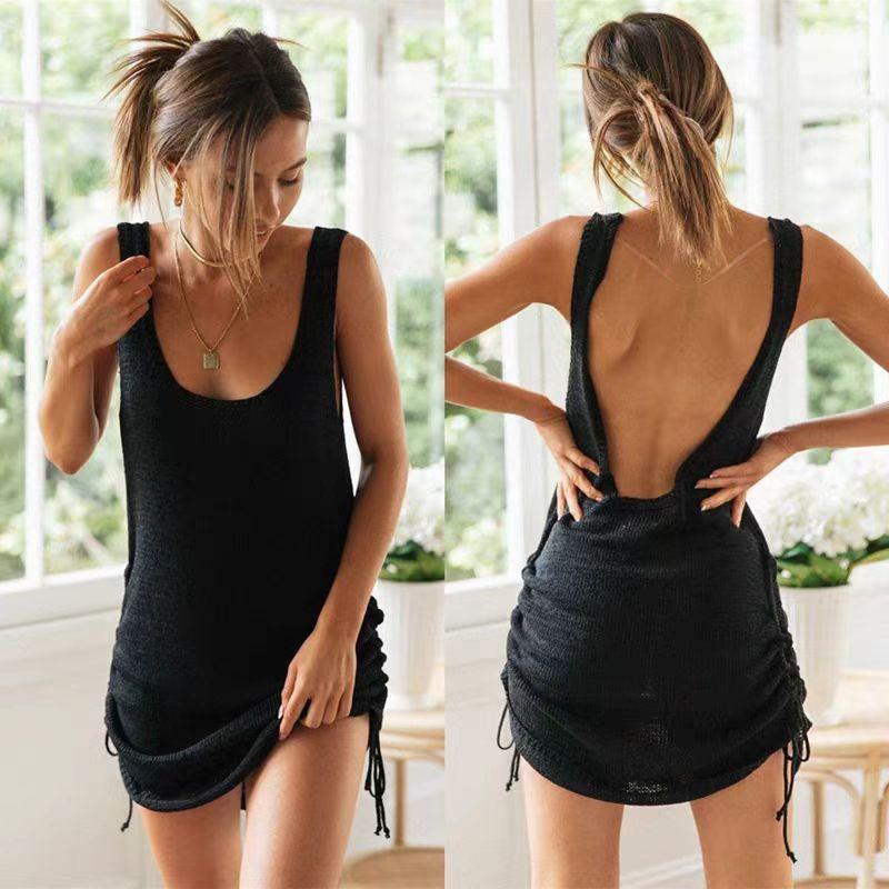 Mode Sexy Ärmellos Gestrickt Rückenfrei Kordelzug Kurzes Kleid Elegant Lässig Urlaub Strandparty Trägerkleid Locker Damen Dünnes Sommerkleid