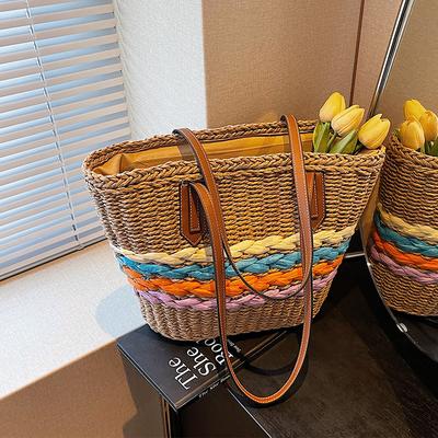 One Shoulder Straw Woven Bag New Rainbow Striped Straw Woven Bag Vacation Beach Bag Versatile Women's Bag