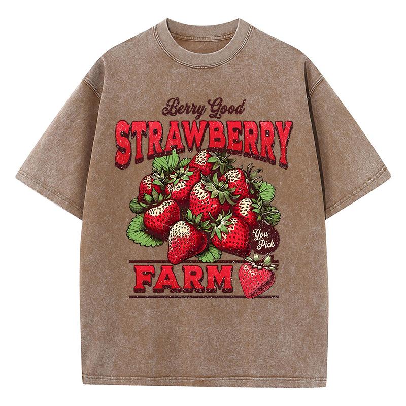 Cotton Womans Acid Wash T-Shirts Strawberry Farm Retro Prints Tees Comfortable Crewneck Oversized Tops Fashion Clothes