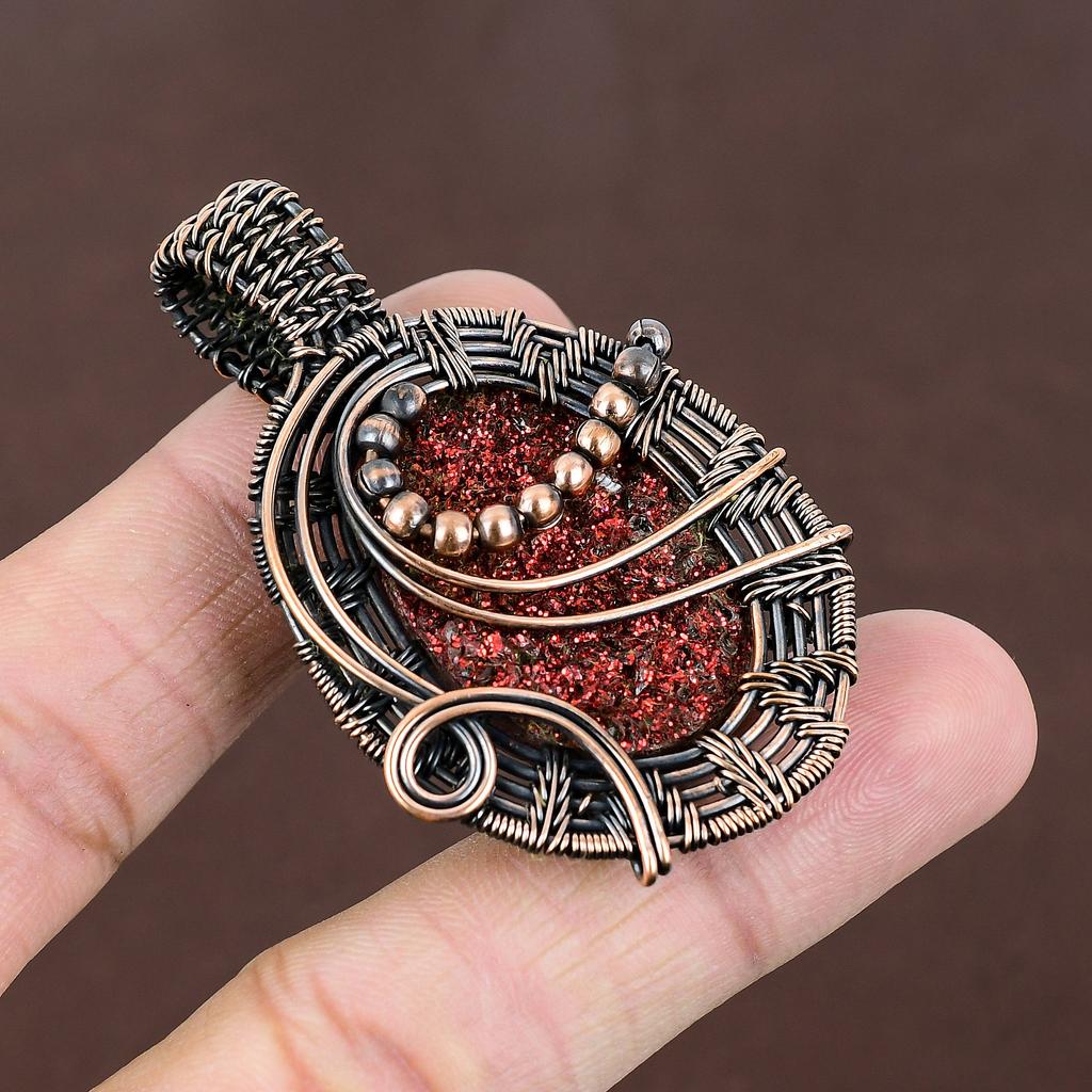 Natural Red Titanium Druzy Gemstone Handmade Copper Wire Wrap Pendant 2.36" L1j95