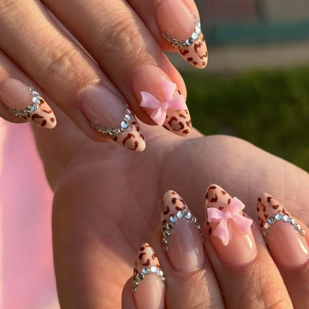 Almond Press On Nails Fake Nails Glossy Acrylic Artificial Nails Stick On Nails for Womens 24Pcs 12Sizes Glue On Nails