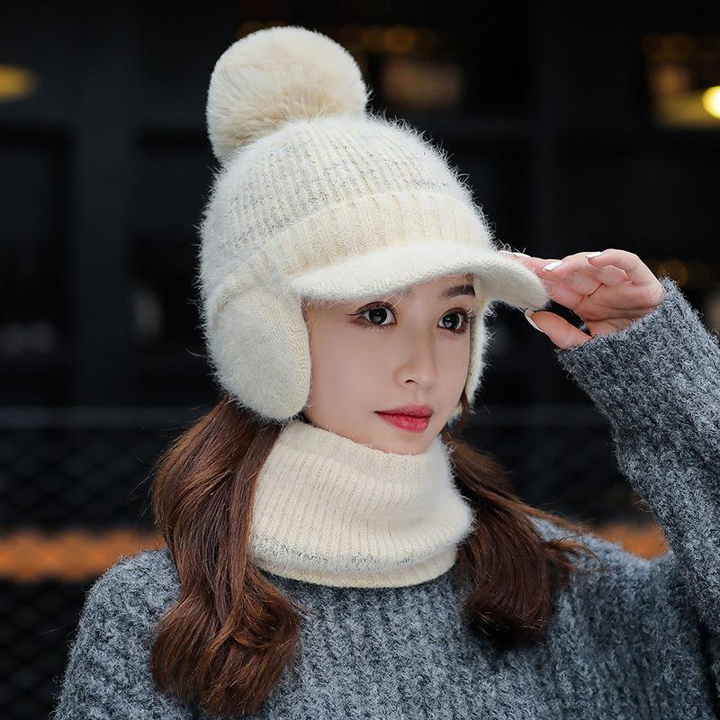 Ladies rabbit fur knitted hat trendy student wool ear protection cap outdoor cold protection warm scarf velvet