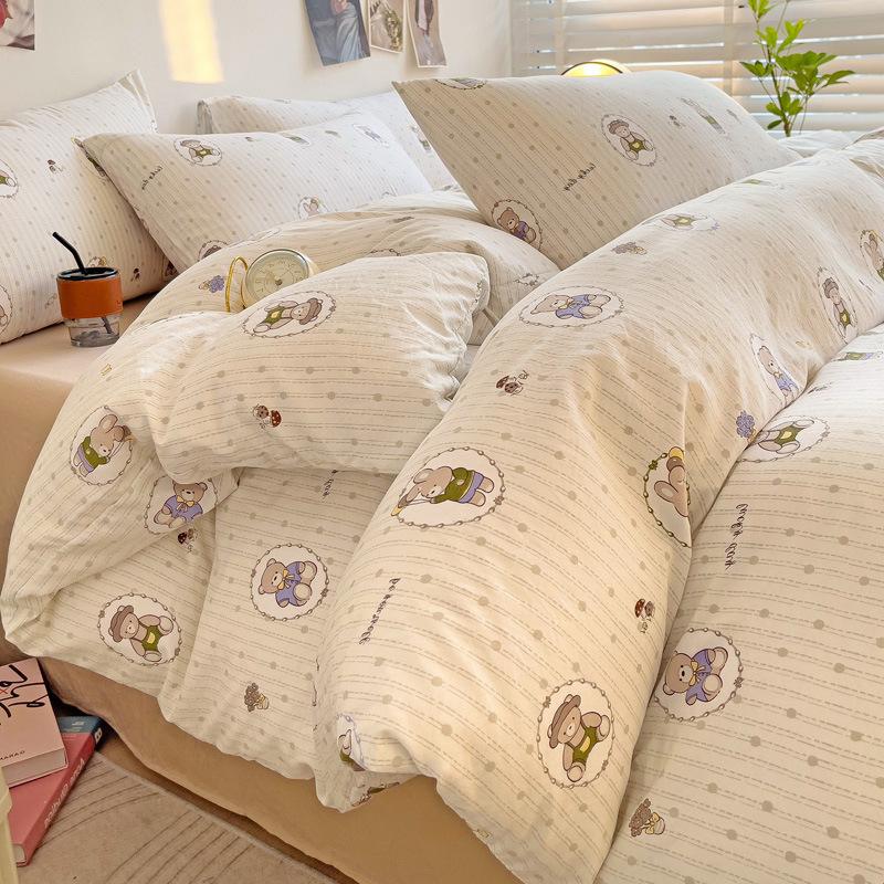 Washed Cotton 4Pcs Dormitory Small Fresh Naked Sleeping 3Pcs Double-Layer Yarn Bed Sheet Quilt Cover