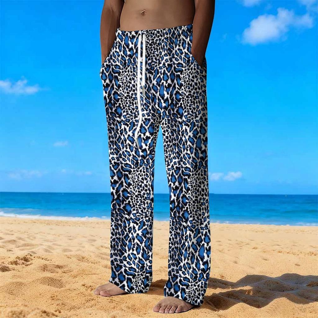 Men Black Base Rainbow Gradient Leopard Print Drawstring Straight Trousers With Side Pockets Eye Catching Bottoms