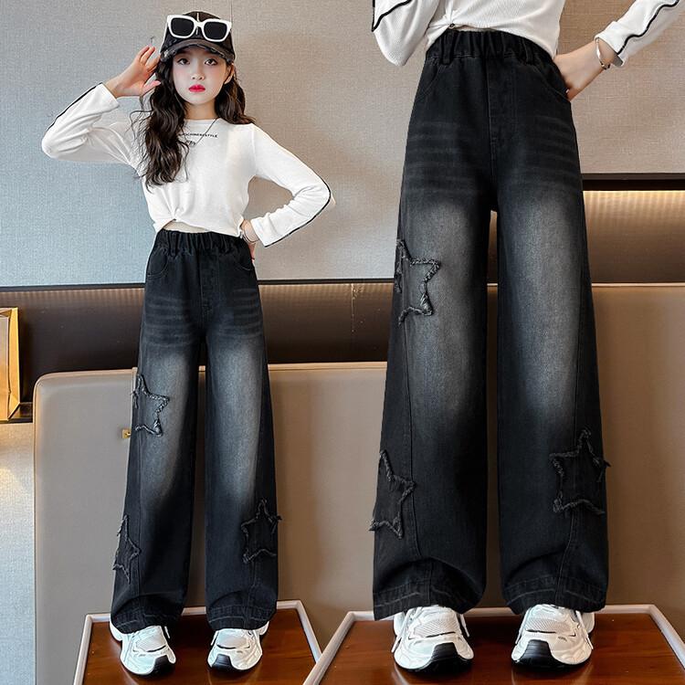 Teenage Girl Retro High Waisted Wide Leg Straight Jeans With Star Pattern For Kids Baby New Causal Denim Pants Girl Trousers