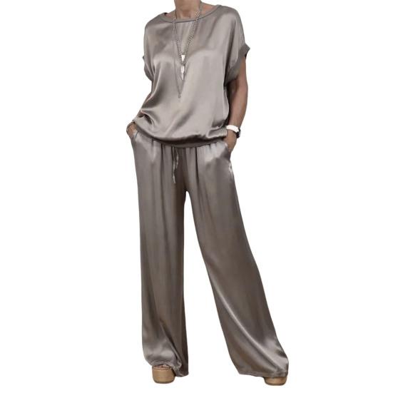 

Комплект из 2 предметов: женский топ и брюки, атласная блузка с круглым вырезом и короткими рукавами, широкие брюки с эластичной резинкой на талии и карманами, повседневный свободный наряд для отдыха 3XL темно-серого