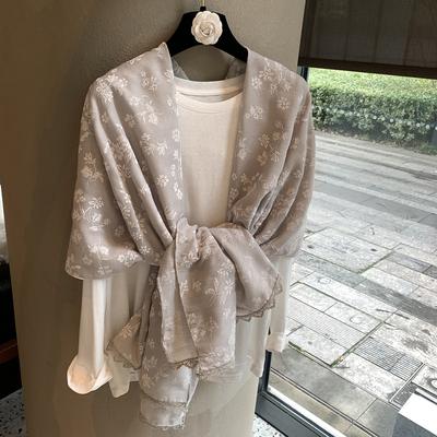 Four Seasons Embroidered Cotton And Linen Feel Scarf Plain Flower With Lace Soft Skin-Friendly Xiaoqing Accessories Silk Scarf Shawl Women