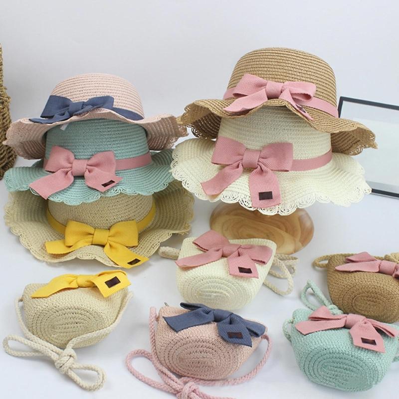 Strohhut & Schultertaschen-Set für Kinder Mädchen Breitkrempiger Sonnenhut Atmungsaktiver Strohhut Outdoor Strand Kopfbedeckung Schleifentasche