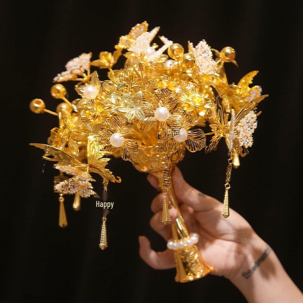 Золотой ручной букет, китайский свадебный скипетр-веер для невесты, подружки невесты или подарок молодоженам Bouquet Gift Box