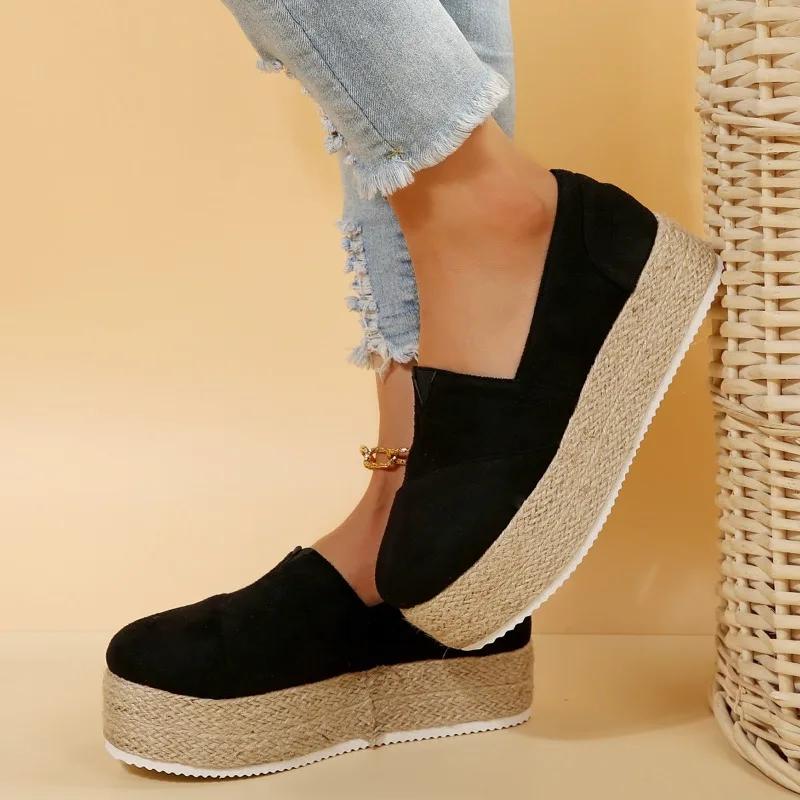 2024 Frühlings- und Herbst-Damenschuhe, modische Slip-On-Schuhe mit runder Spitze, einfarbig, vielseitig, dicke Sohle, mittlerer Absatz