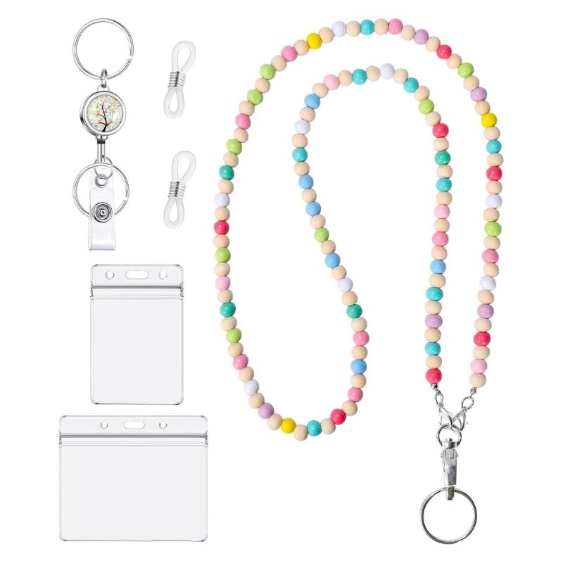 Clear Waterproof Card Holder and Beaded Lanyard Set Retractable ABS Badge Holder with Removable Neck Lanyard for Office 1