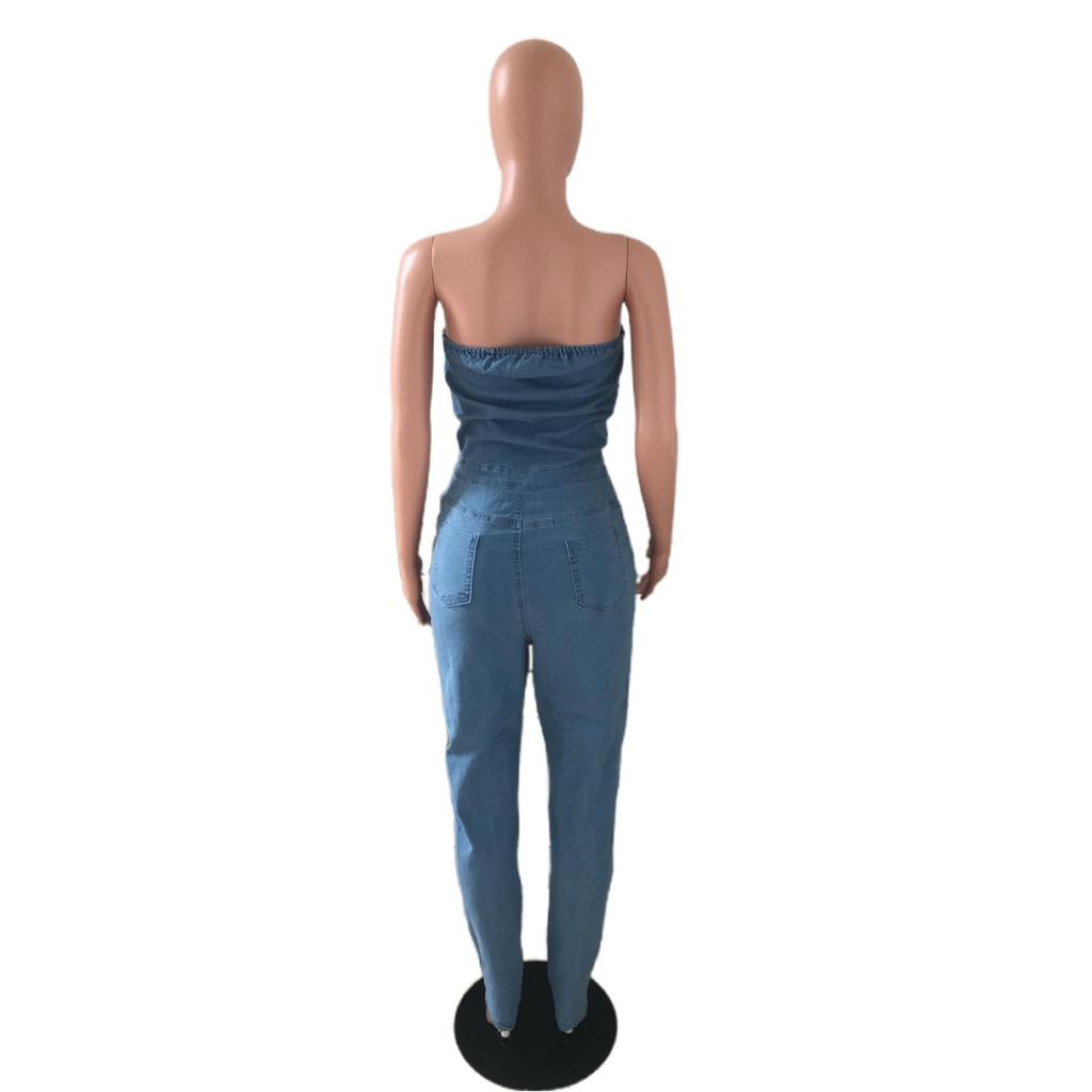 European American Strapless Slim Fit Denim Jumpsuit for Women