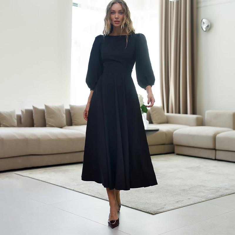 

2025 Women s Solid Long-Sleeve Round Neck Button Tie Backless Dress L чорний