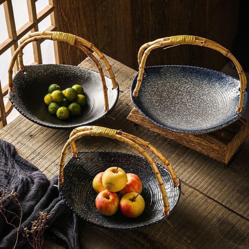 Japanese Ceramic Sushi Plate with Bamboo Handle – Creative Hanging Fruit & Dessert Tray