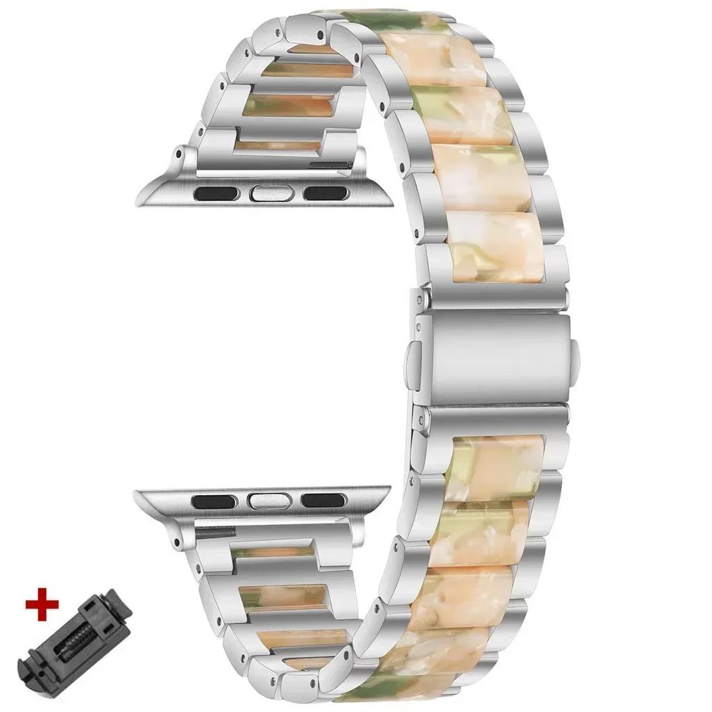 Stainless Steel+Resin Band for Apple Watch 10 42mm 46 Ultra 2 49mm Women Bracelet for IWatch 9 8 7 6 5 4 se 40mm 38mm 41 45 44mm