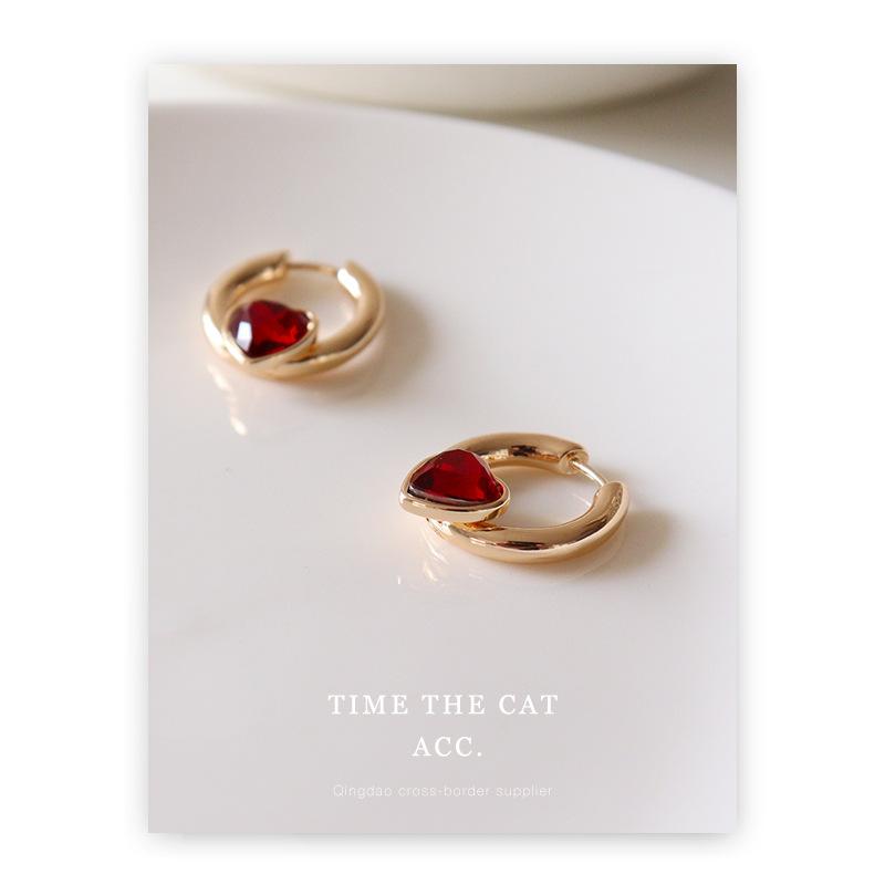 Copper Trendy Geometric Plated Gold Earrings With High Color Retention Red Glass Gemstone