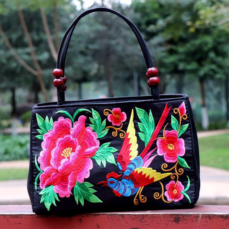 Ethnic Chic Double Wooden Bead Tote Bag - Reversible Double-Sided Floral Embroidery Boho Purse for Women, Tribal Pattern Casual Handbag