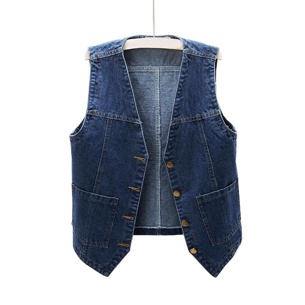 Women Sleeveless Denim Vest Casual Loose V Neck Waistcoat Single Breasted Pocket Jean Vest Short Outerwear Tank Jacket