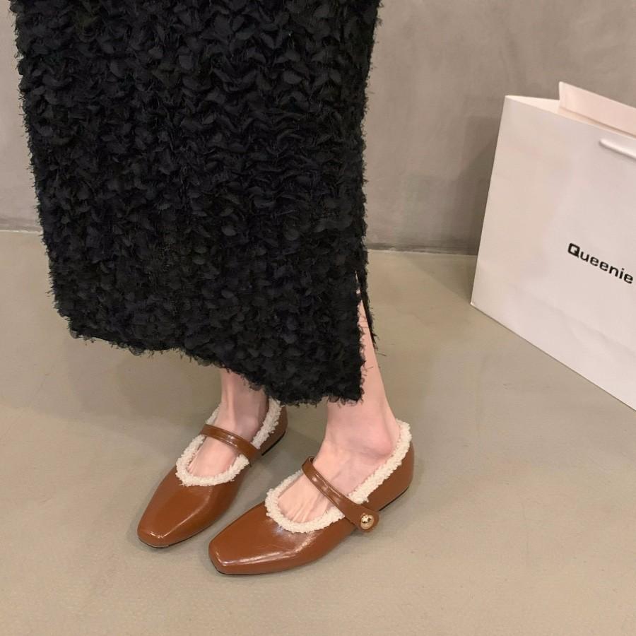 Flat Autumn and Winter Plush Cotton Shoes Single Shoes Women's Shoes 2025 New Square Head Black Mary Jane Evening Shoes