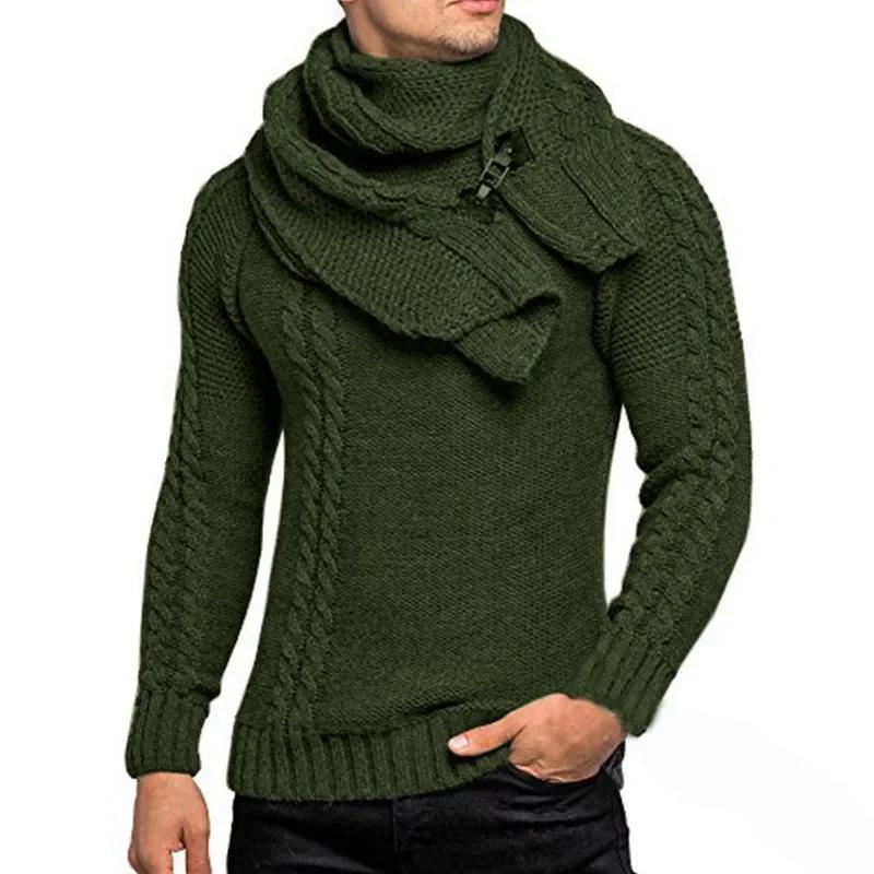 Winter Men's Fashionable Knitted Sweater with Detachable Scarf Twist Pure Color Casual Pullovers
