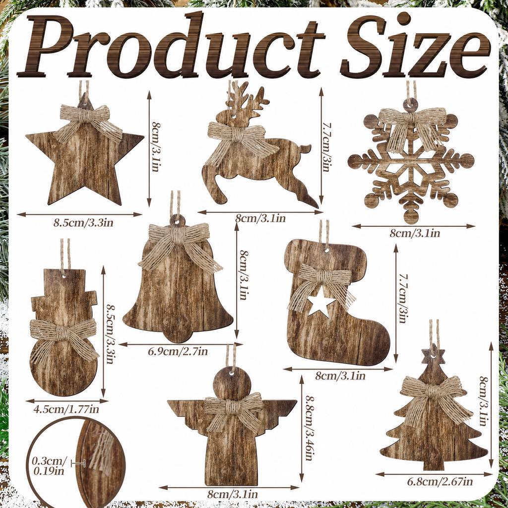 8pcs Rustic Natural Wood Christmas Hanging Ornaments For Xmas Tree Bag Charms Holiday Home Party Decoration