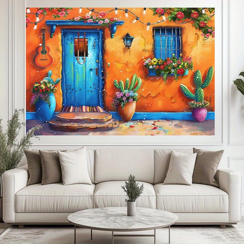 Une bannière vive en polyester pour un thème de fête mexicaine - fresque colorée représentant des guitares, des fleurs, des cactus et des lanternes