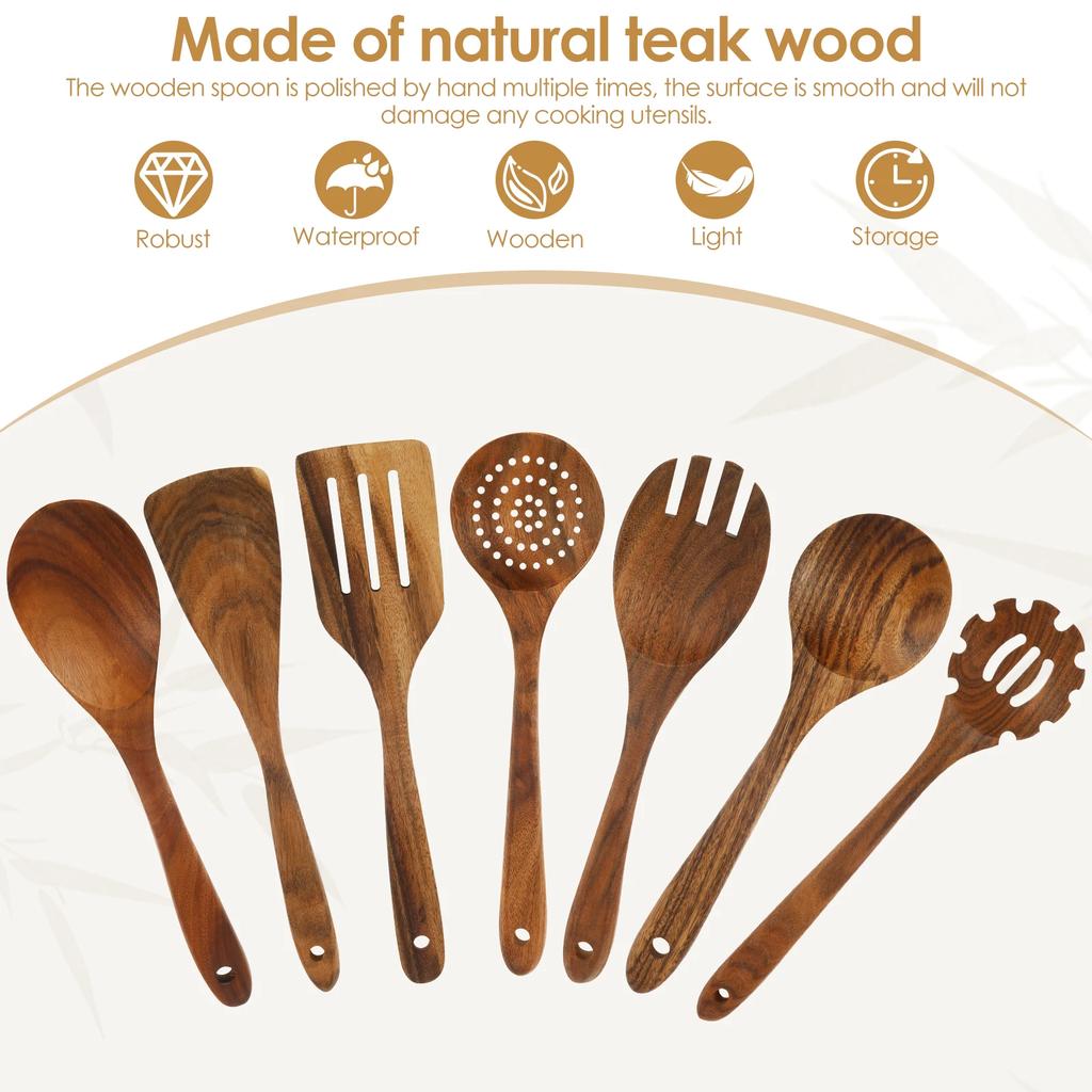 Zestaw 9 Drewnianych Przyborów Kuchennych Drewniane Łyżki do Gotowania Łyżka Serwująca Skrobak Szpatułka Szczypce Wszechstronny Akcesorium Kuchenne