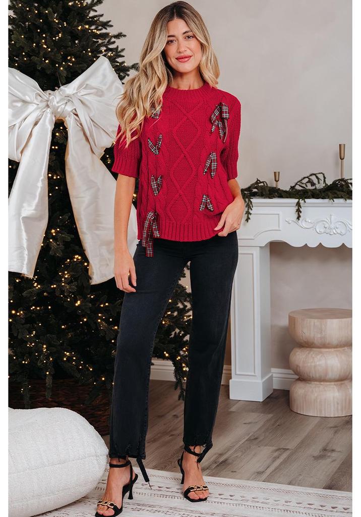 Autumn 2025 Women's Fashion Pullover: Short-Sleeved Bow Tie Knit Top