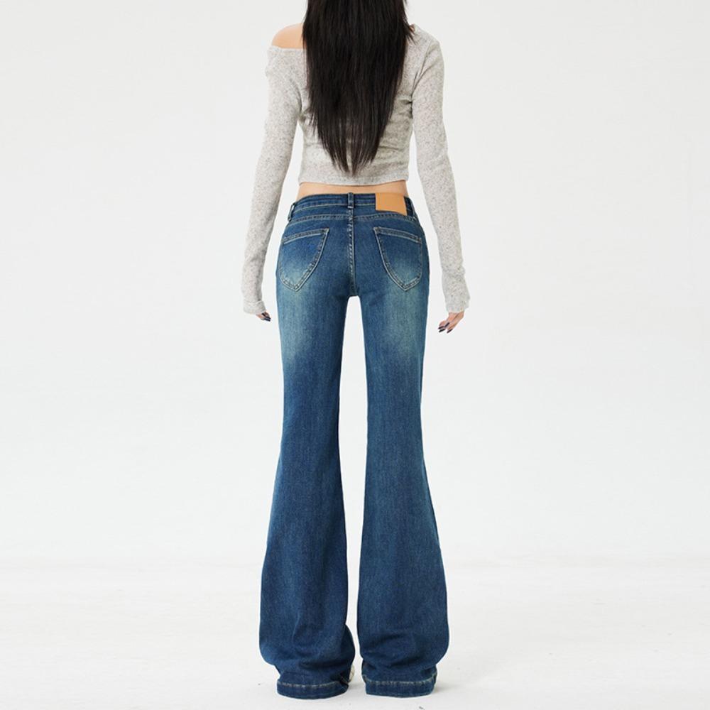 Women's Low Rise Flare Jeans Loose Bootcut Solid Denim Pants Two Length Micro Stretch American Casual Trousers
