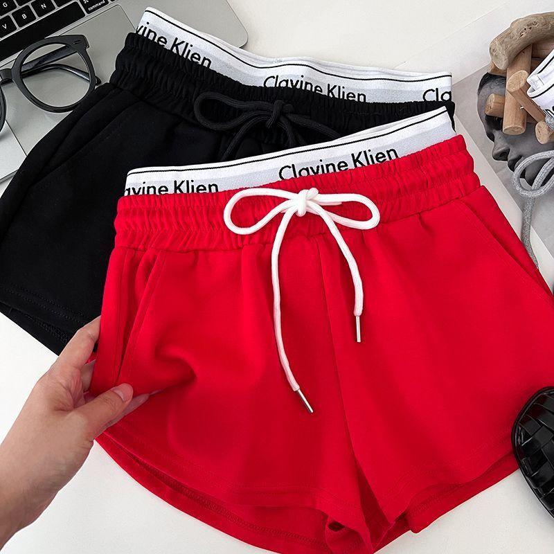 Letter-printed High-waisted Slimming Faux Two-piece Drawstring Elastic Shorts Casual Women's Pants Hot Pants