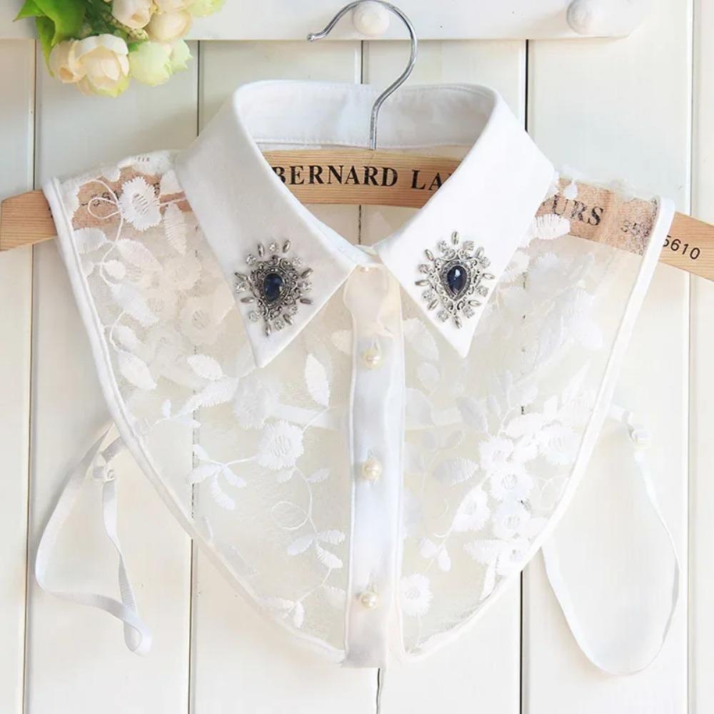 Linbaiway Embroidery Cotton Fake Collars for Women Removalbe False Collar Blouse Rhinestone Clothes Female Detachable Neckwear